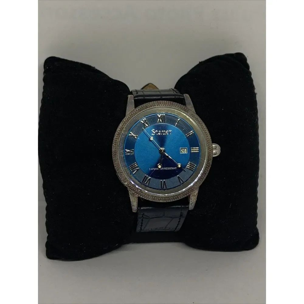 Stauer 28997 Men's Black Leather Analog Dial Quartz Genuine Wrist Watch AEW66